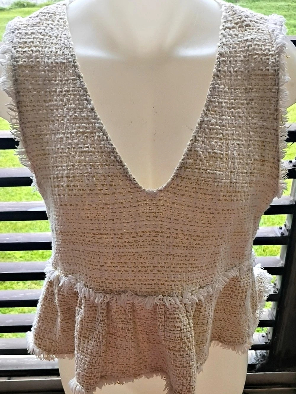 V-Neck Fringe Blouse in Cream Like New